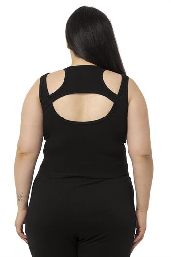 Büyük Beden Göğüs Dekolteli Fitilli Kaşkorse Siyah Body