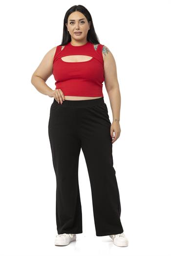 Büyük Beden Göğüs Dekolteli Fitilli Kaşkorse Kırmızı Body