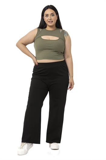 Büyük Beden Göğüs Dekolteli Fitilli Kaşkorse Haki Body
