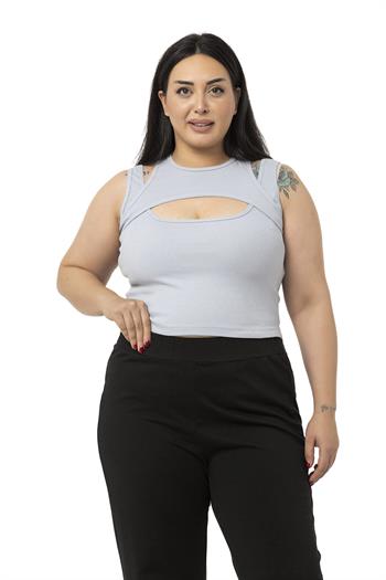 Büyük Beden Göğüs Dekolteli Fitilli Kaşkorse Gri Body