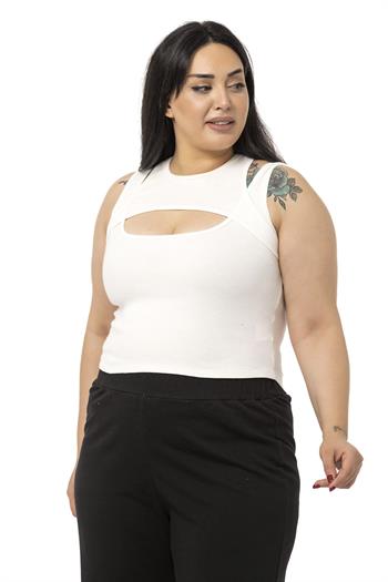 Büyük Beden Göğüs Dekolteli Fitilli Kaşkorse Ekru Body