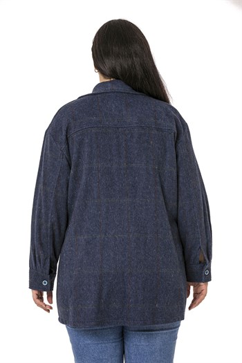 Büyük Beden Göğüste Büyük Cep Detaylı Balıksırtı Dokuma Lacivert Ceket Gömlek