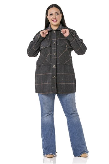 Büyük Beden Göğüste Büyük Cep Detaylı Balıksırtı Dokuma Haki Ceket Gömlek