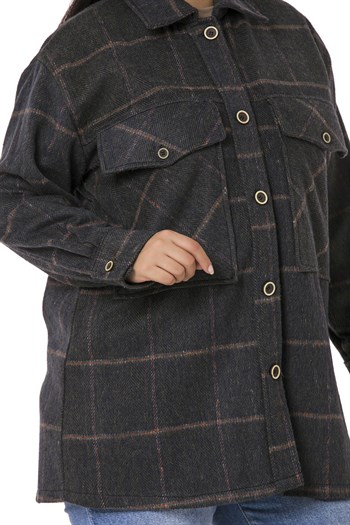 Büyük Beden Göğüste Büyük Cep Detaylı Balıksırtı Dokuma Haki Ceket Gömlek