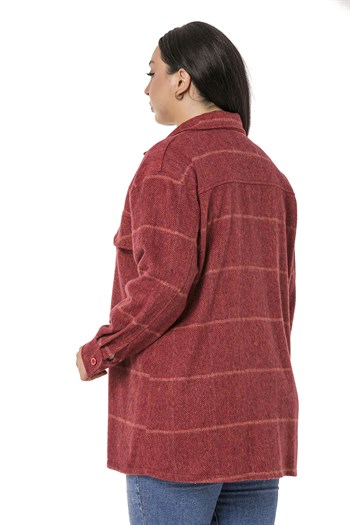 Büyük Beden Göğüste Büyük Cep Detaylı Balıksırtı Dokuma Bordo Ceket Gömlek