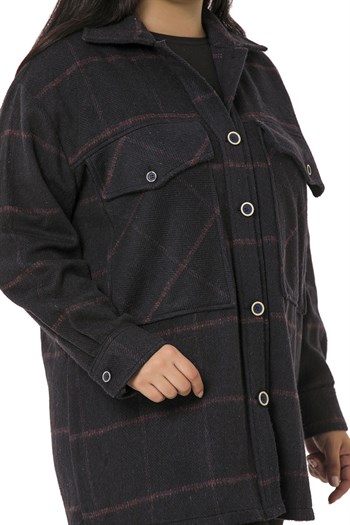 Büyük Beden Göğüste Büyük Cep Detaylı Balıksırtı Dokuma Siyah Ceket Gömlek