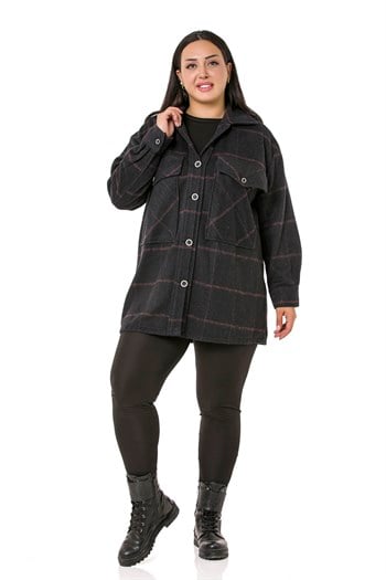 Büyük Beden Göğüste Büyük Cep Detaylı Balıksırtı Dokuma Siyah Ceket Gömlek