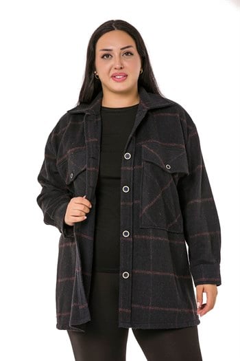 Büyük Beden Göğüste Büyük Cep Detaylı Balıksırtı Dokuma Siyah Ceket Gömlek