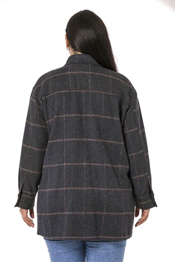 Büyük Beden Göğüste Büyük Cep Detaylı Balıksırtı Dokuma Haki Ceket Gömlek