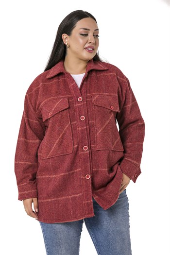 Büyük Beden Göğüste Büyük Cep Detaylı Balıksırtı Dokuma Bordo Ceket Gömlek