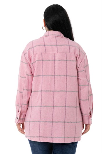 Büyük Beden Göğüste Büyük Cep Detaylı Balıksırtı Dokuma Pembe Ceket Gömlek