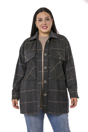 Büyük Beden Göğüste Büyük Cep Detaylı Balıksırtı Dokuma Haki Ceket Gömlek