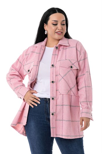 Büyük Beden Göğüste Büyük Cep Detaylı Balıksırtı Dokuma Pembe Ceket Gömlek