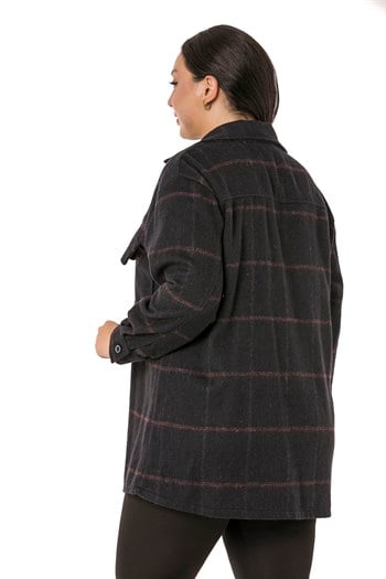 Büyük Beden Göğüste Büyük Cep Detaylı Balıksırtı Dokuma Siyah Ceket Gömlek