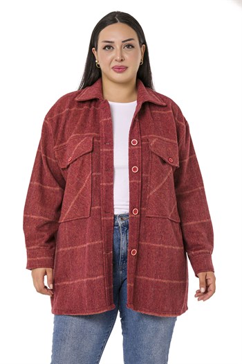 Büyük Beden Göğüste Büyük Cep Detaylı Balıksırtı Dokuma Bordo Ceket Gömlek