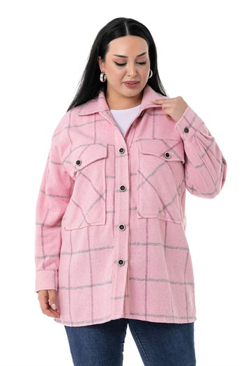 Büyük Beden Göğüste Büyük Cep Detaylı Balıksırtı Dokuma Pembe Ceket Gömlek