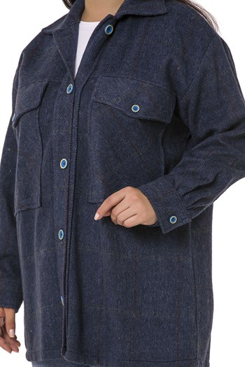 Büyük Beden Göğüste Büyük Cep Detaylı Balıksırtı Dokuma Lacivert Ceket Gömlek