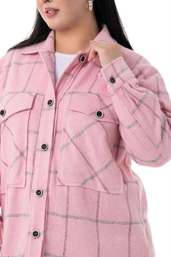 Büyük Beden Göğüste Büyük Cep Detaylı Balıksırtı Dokuma Pembe Ceket Gömlek
