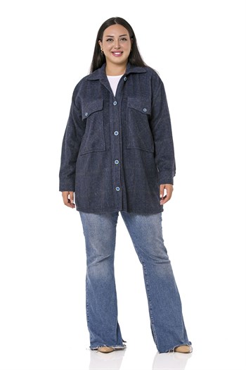 Büyük Beden Göğüste Büyük Cep Detaylı Balıksırtı Dokuma Lacivert Ceket Gömlek