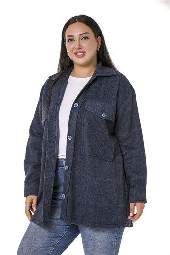 Büyük Beden Göğüste Büyük Cep Detaylı Balıksırtı Dokuma Lacivert Ceket Gömlek