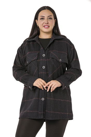 Büyük Beden Göğüste Büyük Cep Detaylı Balıksırtı Dokuma Siyah Ceket Gömlek