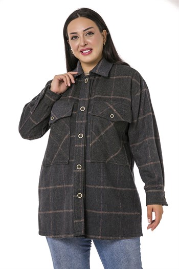 Büyük Beden Göğüste Büyük Cep Detaylı Balıksırtı Dokuma Haki Ceket Gömlek