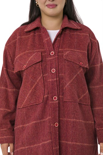 Büyük Beden Göğüste Büyük Cep Detaylı Balıksırtı Dokuma Bordo Ceket Gömlek