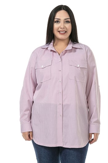 Büyük Beden Göğüsten Cepli Katlamalı Kollu Pembe Çizgili Gömlek