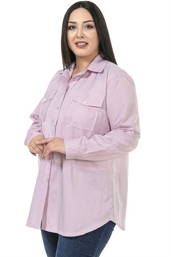 Büyük Beden Göğüsten Cepli Katlamalı Kollu Pembe Çizgili Gömlek