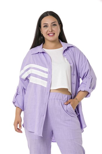 Büyük Beden Gömlek Pantolon Keten Lila Takım