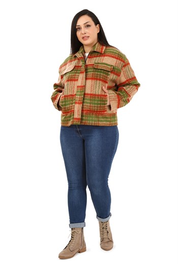 Büyük Beden Gömlek Yaka Fermuarlı Astarlı Kaşe Kısa Vizon Mont