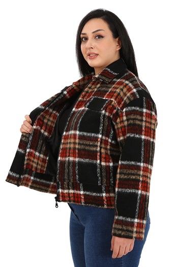 Büyük Beden Gömlek Yaka Fermuarlı Astarlı Kaşe Kısa Siyah Mont