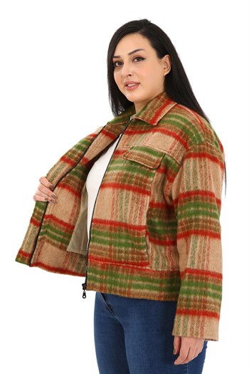 Büyük Beden Gömlek Yaka Fermuarlı Astarlı Kaşe Kısa Vizon Mont