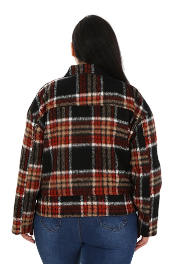 Büyük Beden Gömlek Yaka Fermuarlı Astarlı Kaşe Kısa Siyah Mont