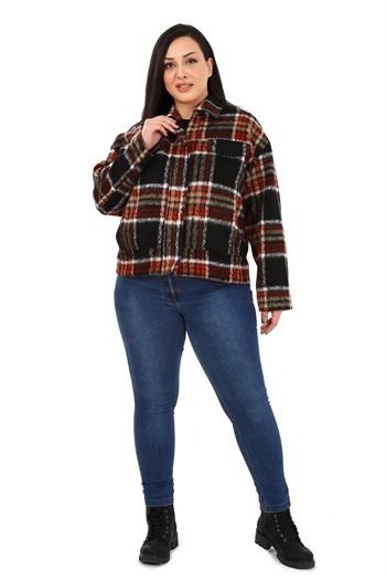 Büyük Beden Gömlek Yaka Fermuarlı Astarlı Kaşe Kısa Siyah Mont