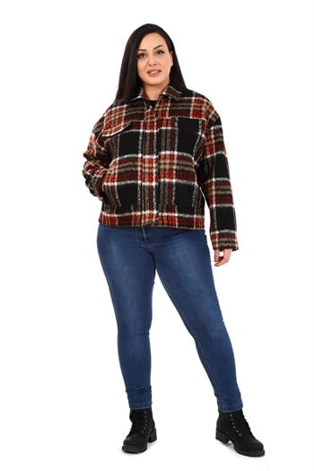 Büyük Beden Gömlek Yaka Fermuarlı Astarlı Kaşe Kısa Siyah Mont