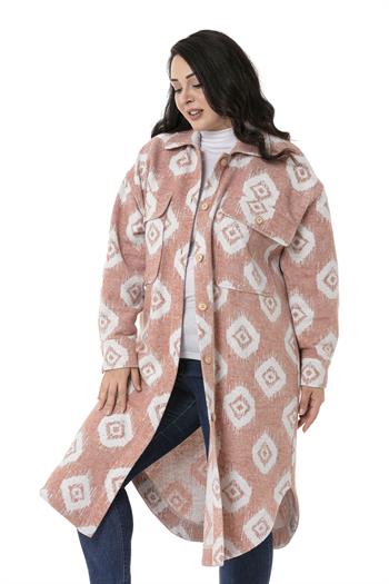 Büyük Beden Gömlek Yaka Geniş Çift Cepli Maksi Boy Pudra Oduncu Gömlek 