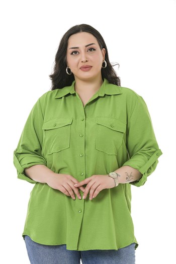 Büyük Beden Gömlek Yaka Göğüsten Çift Cepli Fıstık Yeşili Gömlek