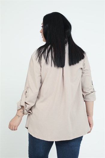 Büyük Beden Gömlek Yaka Göğüsten Çift Cepli Taş Rengi Gömlek