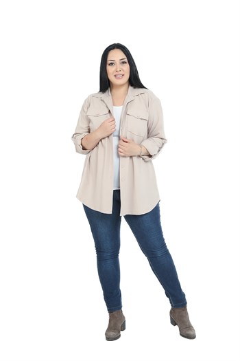 Büyük Beden Gömlek Yaka Göğüsten Çift Cepli Taş Rengi Gömlek