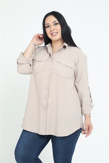 Büyük Beden Gömlek Yaka Göğüsten Çift Cepli Taş Rengi Gömlek