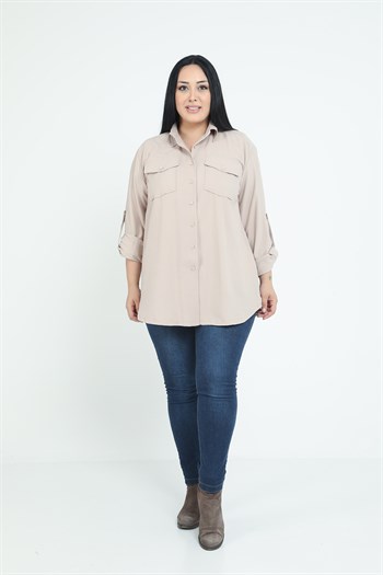 Büyük Beden Gömlek Yaka Göğüsten Çift Cepli Taş Rengi Gömlek