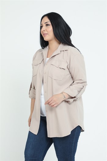 Büyük Beden Gömlek Yaka Göğüsten Çift Cepli Taş Rengi Gömlek