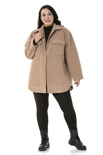 Büyük Beden Gömlek Yaka Kapaklı Cepli Astarlı Balıksırtı Dokuma Camel Kaban