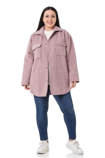 Büyük Beden Gömlek Yaka Kapaklı Cepli Astarlı Balıksırtı Dokuma Pudra Kaban