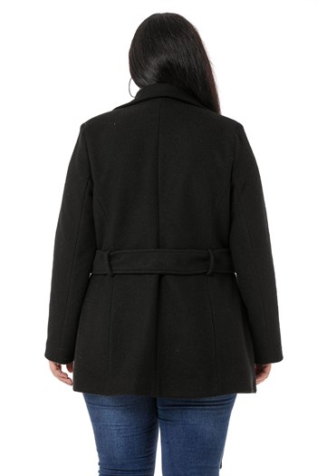 Büyük Beden Gömlek Yaka Kapaklı Cepli Kuşaklı Astarlı Siyah Kaşe Kaban