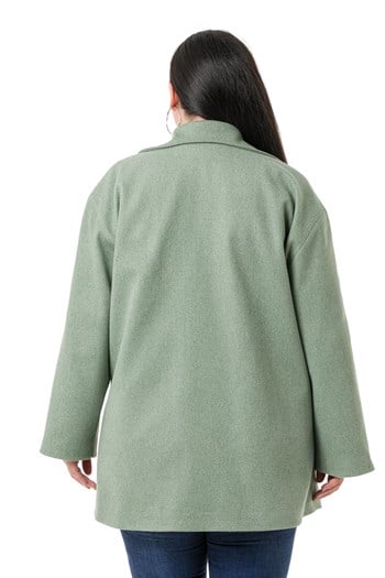 Büyük Beden Gömlek Yaka Kapaklı Cepli Astarlı Yeşil Kaşe Kaban