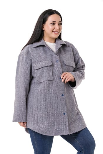 Büyük Beden Gömlek Yaka Kapaklı Cepli Astarlı Balıksırtı Dokuma Lacivert Kaban