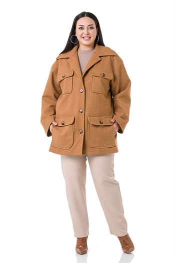 Büyük Beden Gömlek Yaka Kapaklı Cepli Astarlı Taba Kaşe Kaban