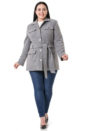Büyük Beden Gömlek Yaka Kapaklı Cepli Kuşaklı Astarlı Gri Kaşe Kaban